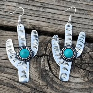 Silver Turquoise Cactus Western Dangle Earrings